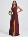 A-line V-neck Cascading Ruffles Floor-Length Bridesmaid Dress