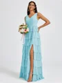 A-line V-neck Cascading Ruffles Floor-Length Bridesmaid Dress