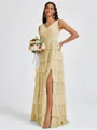 A-line V-neck Cascading Ruffles Floor-Length Bridesmaid Dress