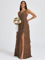 A-line V-neck Cascading Ruffles Floor-Length Bridesmaid Dress