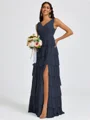 A-line V-neck Cascading Ruffles Floor-Length Bridesmaid Dress