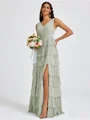 A-line V-neck Cascading Ruffles Floor-Length Bridesmaid Dress