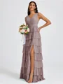A-line V-neck Cascading Ruffles Floor-Length Bridesmaid Dress