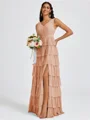 A-line V-neck Cascading Ruffles Floor-Length Bridesmaid Dress