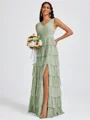 A-line V-neck Cascading Ruffles Floor-Length Bridesmaid Dress