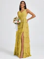 A-line V-neck Cascading Ruffles Floor-Length Bridesmaid Dress