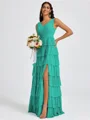 A-line V-neck Cascading Ruffles Floor-Length Bridesmaid Dress