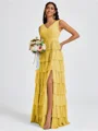 A-line V-neck Cascading Ruffles Floor-Length Bridesmaid Dress