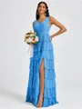 A-line V-neck Cascading Ruffles Floor-Length Bridesmaid Dress