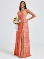 A-line V-neck Cascading Ruffles Floor-Length Bridesmaid Dress