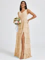 A-line V-neck Cascading Ruffles Floor-Length Bridesmaid Dress