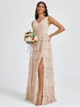A-line V-neck Cascading Ruffles Floor-Length Bridesmaid Dress