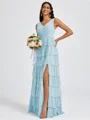 A-line V-neck Cascading Ruffles Floor-Length Bridesmaid Dress