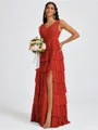A-line V-neck Cascading Ruffles Floor-Length Bridesmaid Dress
