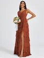 A-line V-neck Cascading Ruffles Floor-Length Bridesmaid Dress