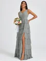 A-line V-neck Cascading Ruffles Floor-Length Bridesmaid Dress