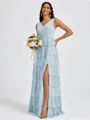 A-line V-neck Cascading Ruffles Floor-Length Bridesmaid Dress