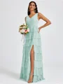 A-line V-neck Cascading Ruffles Floor-Length Bridesmaid Dress