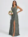 A-line V-neck Cascading Ruffles Floor-Length Bridesmaid Dress