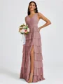 A-line V-neck Cascading Ruffles Floor-Length Bridesmaid Dress