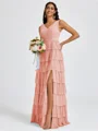 A-line V-neck Cascading Ruffles Floor-Length Bridesmaid Dress