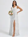 A-line V-neck Cascading Ruffles Floor-Length Bridesmaid Dress