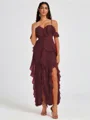 A-line Cold Shoulder Ruffles Ankle-Length Chiffon Bridesmaid Dress