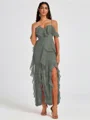 A-line Cold Shoulder Ruffles Ankle-Length Chiffon Bridesmaid Dress
