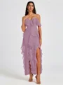 A-line Cold Shoulder Ruffles Ankle-Length Chiffon Bridesmaid Dress