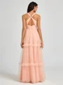 A-line V-neck Pleated Floor-Length Tulle Bridesmaid Dress