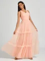 A-line V-neck Pleated Floor-Length Tulle Bridesmaid Dress