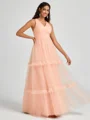 A-line V-neck Pleated Floor-Length Tulle Bridesmaid Dress