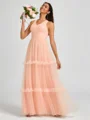 A-line V-neck Pleated Floor-Length Tulle Bridesmaid Dress
