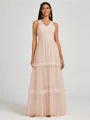 A-line V-neck Pleated Floor-Length Tulle Bridesmaid Dress
