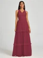 A-line V-neck Pleated Floor-Length Tulle Bridesmaid Dress