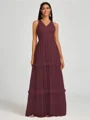 A-line V-neck Pleated Floor-Length Tulle Bridesmaid Dress