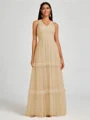 A-line V-neck Pleated Floor-Length Tulle Bridesmaid Dress