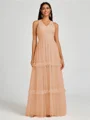 A-line V-neck Pleated Floor-Length Tulle Bridesmaid Dress