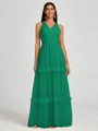 A-line V-neck Pleated Floor-Length Tulle Bridesmaid Dress