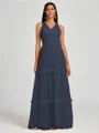 A-line V-neck Pleated Floor-Length Tulle Bridesmaid Dress
