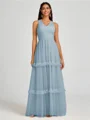 A-line V-neck Pleated Floor-Length Tulle Bridesmaid Dress