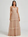 A-line V-neck Pleated Floor-Length Tulle Bridesmaid Dress