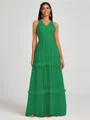A-line V-neck Pleated Floor-Length Tulle Bridesmaid Dress