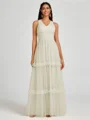 A-line V-neck Pleated Floor-Length Tulle Bridesmaid Dress