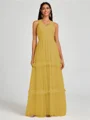 A-line V-neck Pleated Floor-Length Tulle Bridesmaid Dress