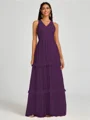 A-line V-neck Pleated Floor-Length Tulle Bridesmaid Dress