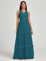 A-line V-neck Pleated Floor-Length Tulle Bridesmaid Dress