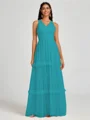 A-line V-neck Pleated Floor-Length Tulle Bridesmaid Dress