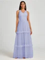 A-line V-neck Pleated Floor-Length Tulle Bridesmaid Dress