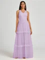 A-line V-neck Pleated Floor-Length Tulle Bridesmaid Dress